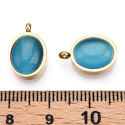 Real 14K Gold Plated 304 Stainless Steel Pendants, Manual Polishing, with Cat Eye, Oval Charm, Real 14K Gold Plated, 14.5x10x5.5mm, Hole: 1.8mm