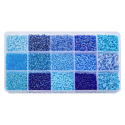 Синий 225g 17 стиль стеклянный стеклярус и круглые бусины, Краска для выпечки и прозрачные цвета с блеском и цветным покрытием Ab и с серебряной подкладкой, синие, 1.5~8x1.5~2 мм, отверстие : 0.5~1 мм, 15 g / style