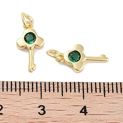 Real 18K Gold Plated Brass Micro Pave Cubic Zirconia Charms, with Jump Ring, Key, Real 18K Gold Plated, 13x7x2mm, Hole: 2.5mm
