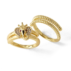 Слон Двойные кольца из латуни с микропаве и кубическим цирконием для женщин, золотые, слон, внутренний диаметр: 17 мм, 2 шт / комплект