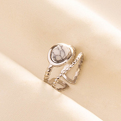 Говлит Регулируемые 304 манжеты из нержавеющей стали с открытыми кольцами для женщин, с естественным Howlite, цвет нержавеющей стали, 15 мм, внутренний диаметр: 17 мм