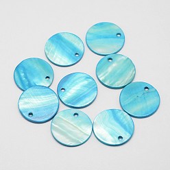 Cyan Dyed Natural Flat Round Shell Pendant, Cyan, 25x2mm, Hole: 2mm