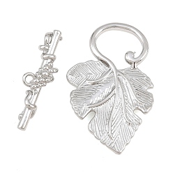 Real Platinum Plated Brass Toggle Clasps, Leaf with Flower, Real Platinum Plated, 33x20.5x2.5mm, Hole: 1.5mm, Bar: 25.5x7.5x5.5mm, Hole: 1.5mm