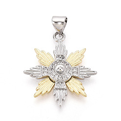 Настоящее золото 18K Латунные микропаве прозрачные подвески с фианитом, прелести снежинки, реальный 18 k позолоченный, 23.5x21x3.5 мм, отверстие : 3x5 мм