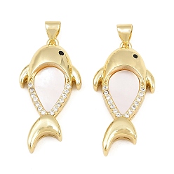 Real 16K Gold Plated Brass Micro Pave Black Cubic Zirconia with White Shell Pendants, Fish Charms, Real 16K Gold Plated, 31x16x6.5mm, Hole: 5x3mm