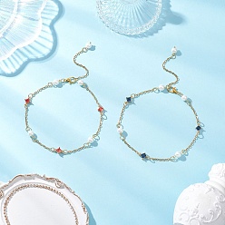 (52) Непрозрачная лаванда Стеклянные ромбовидные и круглые стеклянные жемчужные бусины 304 браслеты на лодыжку из нержавеющей стали для женщин, золотые, разноцветные, 9-7/8 дюйм (250 мм), 1 шт / цвет