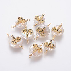 Aries Natural Pearl Links connectors, with Brass Micro Pave Cubic Zirconia Findings, Flat Round with Constellation, Golden, Marine Blue, Aries, 20~26x9~17x5~11mm, Hole: 1.6mm