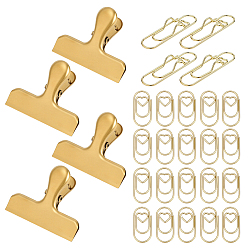 Golden 24Pcs 2 Styles Iron Paper Clips, Bookmark Marking Clips, Oval with Heart, with 4Pcs 430 Stainless Steel Bag Seal Clips, Golden, 71.5x21.5x10mm