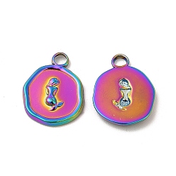Rainbow Color Placage ionique (ip) 304 pendentifs en acier inoxydable, plat rond avec breloque sirène, couleur arc en ciel, 16x13x2mm, Trou: 2mm