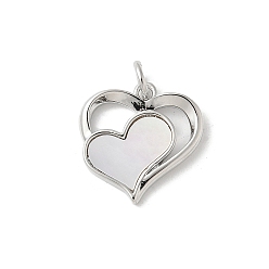 Платина Подвески в виде сердечек из натуральной белой ракушки из латуни с соединительными кольцами, долговечный, без свинца и без кадмия, стойки покрытие, платина, 15x15x2 мм, отверстие : 3 мм