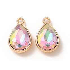Pearl Pink Electroplate Glass Pendants, Teardrop Charms, with Alloy, Golden, Faceted, Pearl Pink, 19.5x12.5x5.5mm, Hole: 1.8mm