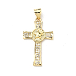 Звезда Латунные микропаве прозрачные подвески с фианитом, крест прелести, реальный 16 k позолоченный, звезда, 27.5x15.5x2.5 мм, отверстие : 4.5x3.5 мм