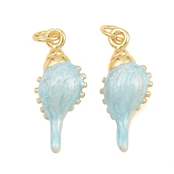 Blue Brass Enamel Pendants, Conch Shape Charms, Rack Plating, Long-Lasting Plated, Lead Free & Cadmium Free, Real 18K Gold Plated, Blue, 20x9x5mm, Hole: 3.5mm