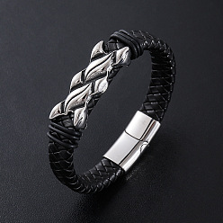 Античный Серебристый & Цвет Нержавеющей Стали Браслеты из плетеного шнура из искусственной кожи в стиле панк, 304 браслеты с подвесками из нержавеющей стали для мужчин, с магнитной застежкой, старинное серебро и цвет нержавеющей стали, 8.27 дюйм (21 см)