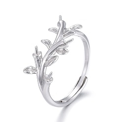 Platinum Anti-Tarnish Rhodium Plated 925 Sterling Silver Cuff Rings, Design Ring Mounts Fittings with Pearl Seat, For Half Drilled Beads, Branch, with 925 Stamp, Platinum, Size 7, 17.5mm, Pin: 0.8mm