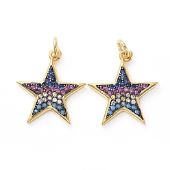 Разноцветный Латунные микро проложить кубического циркония подвески, с прыжковых колец, звезда, золотые, красочный, 19x17x2.5 мм, отверстие : 3 мм