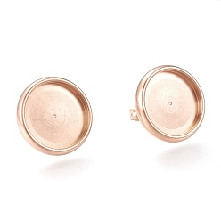 Rose Gold Ion Plating(IP) 304 Stainless Steel Stud Earring Settings, with Ear Nuts, Flat Round, Rose Gold, Tray: 12mm, 14mm, Pin: 0.8mm