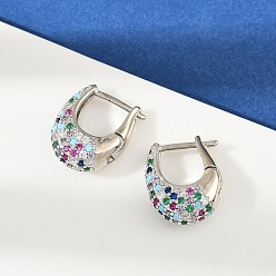Платина Овальные серьги-кольца из латуни с микропаве из разноцветных кубических цирконий, без кадмия и без свинца, стойки покрытие, долговечный, платина, 17x6.5x14 мм