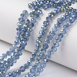Light Sky Blue Electroplate Transparent Glass Beads Strands, Half Green Plated, Faceted, Rondelle, Light Sky Blue, 3x2mm, Hole: 0.8mm, about 150~155pcs/strand, 15~16 inch(38~40cm)