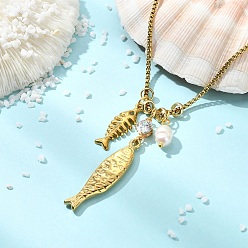 Golden Rice Natural Pearl 304 Stainless Steel Fish Pendant Box Chain Necklaces for Women, Golden, 28.15 inch(71.5cm)