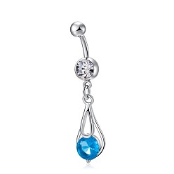 Deep-Sky-blau Piercing-Schmuck, Messing Zirkonia Nabel Ring, Nabelring Bauchringe, mit 304 Edelstahlleiste, Bleifrei und cadmium frei, Träne, Platin Farbe, Deep-Sky-blau, 38x11.5 mm, Stangenlänge: 3/8"(10mm), Stange: 14 Spurweite(1.6mm)