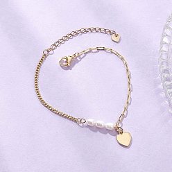 Настоящее золото 18K Латунные сердца шарм браслеты, Браслеты из натуральных пресноводных жемчуга и латунных цепочек-скрепок и панцирных цепочек для женщин, реальный 18 k позолоченный, 7-3/8 дюйм (18.6 см)