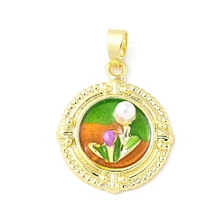 Плоский Круглый Латунь эмаль подвески, с абс пластмассовой имитационной жемчужиной, долговечный, без кадмия и без свинца, стойки покрытие, реальный 18 k позолоченный, цветок, плоско-круглые, 26.5x22.5x6 мм, отверстие : 6.4x3 мм
