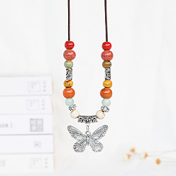 Бабочка Ожерелья из вощеного шнура с подвеской из сплава, Женские ожерелья из фарфора и дерева, античная бронза, бабочка, 19.69 дюйм (50 см)