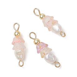 Персиковый Слойка Подвески-шармы из искусственного пресноводного жемчуга и акрила с матовым цветком, с латунными двойными петлями, золотые, розовые, 19.5x6 мм, отверстия : 2 mm и 1.5 мм