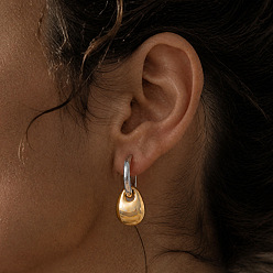 Golden & Stainless Steel Color 304 Stainless Steel Hoop Dangle Earrings for Women, Teardrop, Golden & Stainless Steel Color, 17.8x12.9mm