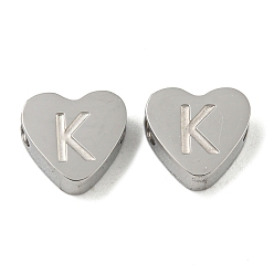 Letter K Устойчивы к потускнению 304 бусины из нержавеющей стали, сердце с письмом, цвет нержавеющей стали, Письмо K, 7x8x3 мм, отверстие : 2 мм