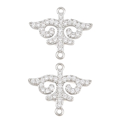 Real Platinum Plated Brass Micro Pave Clear Cubic Zirconia Connector Charms, Wing Links, Real Platinum Plated, 16x18.5x2.5mm, Hole: 1.2mm