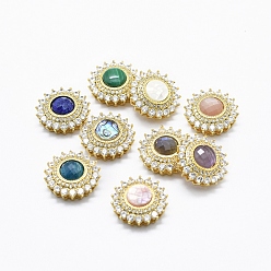 Golden Brass Micro Pave Cubic Zirconia Multi-strand Links, Pendants, with Natural Gemstone/Shell, Flat Round, Clear, Golden, 19~19.5x8mm, Hole: 1.5mm