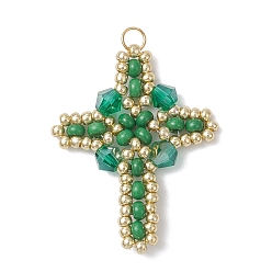 Зеленый Подвески-кресты из стеклянного бисера, со стеклянными и 304 нержавеющими кольцами для прыжков, реальный 18 k позолоченный, зелёные, 32.5x26x4.5 мм, отверстие : 3 мм