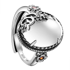 White 925 Sterling Silver Adjustable Rings, with Cat Eye, Oval with Flower, Antique Silver, White, Inner Diameter: 19mm