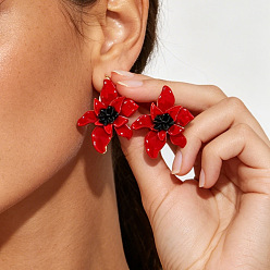 Rojo Oscuro Pendientes de plástico para mujer, flor, dorado, de color rojo oscuro, 56x50 mm