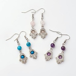 Mixed Stone Tibetan Style Alloy Dangle Earring, Natural & Synthetic Mixed Stone Beads, with Brass Earring Hooks, Hamsa Hand/Hand of Fatima/Hand of Miriam, 48mm, Pin: 0.8mm