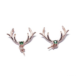Rose Gold 925 Sterling Silver Pendant Bails, with Cubic Zirconia, For Half Drilled Beads, Green, Rose Gold, 17x19x3.5mm, Hole: 1.6mm