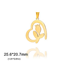 Золотой Кулон из нержавеющей стали, Сердце со цветками , золотые, 25.6x20.7 мм