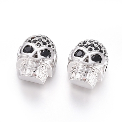 Mixed Color Brass Micro Pave Cubic Zirconia Beads, Long-Lasting Plated, for Halloween, Skull Head, Black, Mixed Color, 12.5x9.5x7mm, Hole: 2x2.5mm