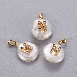 Letter N Подвески из натурального пресноводного жемчуга, с латунными микро проложить кубических выводы циркония, самородки с буквой, долговечный, золотые, красочный, letter.n, 17~27x12~16x6~12 мм, отверстие : 4x2.5 мм