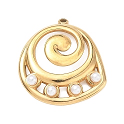 Oro 304 colgantes de acero inoxidable, con perlas de plástico, amuletos espirales, blanco, dorado, 27x25x4 mm, agujero: 1.6 mm