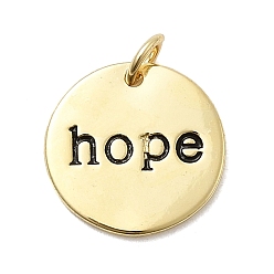 Черный Латунь эмаль подвески, плоские круглые со словом надежды, стойки покрытие, долговечный, без кадмия и без свинца, реальный 18 k позолоченный, с целью перехода в кольце, чёрные, 15x1.5 мм, отверстие : 3 мм