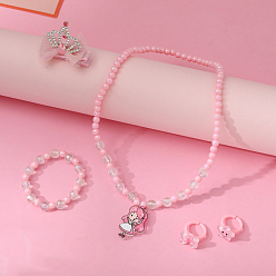 Pink Пластиковые подвески-ожерелья принцессы, браслеты из бисера, кольца и заколки для волос для детей, розовые, 140 мм & 50 мм & 13 мм & 45 мм