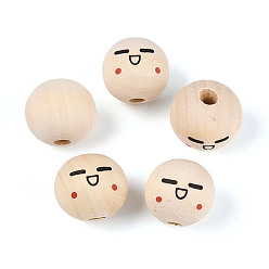 Желтая Старая Ткань  Набивные шима деревянные бусины, круглый с выражением лица, старое кружево, 18.5~19.5 мм, отверстие : 5 мм