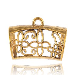 Antique Golden Tibetan Style Filigree Tube Bails, Loop Bails, Scarf Bail Beads, Tube with Flower Pattern, Antique Golden, 32x44x26mm, Hole: 4mm, Inner Diameter: 21mm