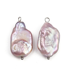 Нержавеющая Сталь Цвет Подвески из натурального пресноводного жемчуга Кеши, прямоугольник амулеты, с 304 петлями из нержавеющей стали, чертополох, цвет нержавеющей стали, 28~33x14~16x4.5~8 мм, отверстие : 2.5~3.5 мм