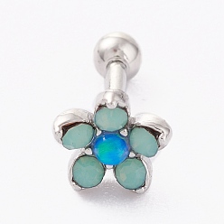 Платина Латунные серьги-хрящи со штангой из прозрачного кубического циркония с микропаве, с 304 штифтов из нержавеющей стали, цветок, кадетский синий, платина, 12.5x6.5 мм, штифты : 1.3 мм
