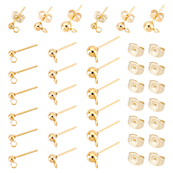 Golden 90Pcs 3 Style 304 Stainless Steel Ball Stud Earring Post, Earring Findings with Loop, with Ear Nut/Earring Backs, Golden, 14~17x5~8x3~7, Pin: 0.8mm