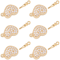 Настоящее золото 18K 6 шт. латунные застежки-коробочки с микропаве из прозрачного кубического циркония, сердце, реальный 18 k позолоченный, 15.5x9x7 мм, отверстия : 1.4 mm и 1.2 мм